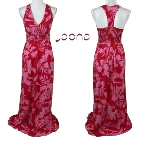 Japna Anthropology Red and Pink Floral Maxi Dress Size Small